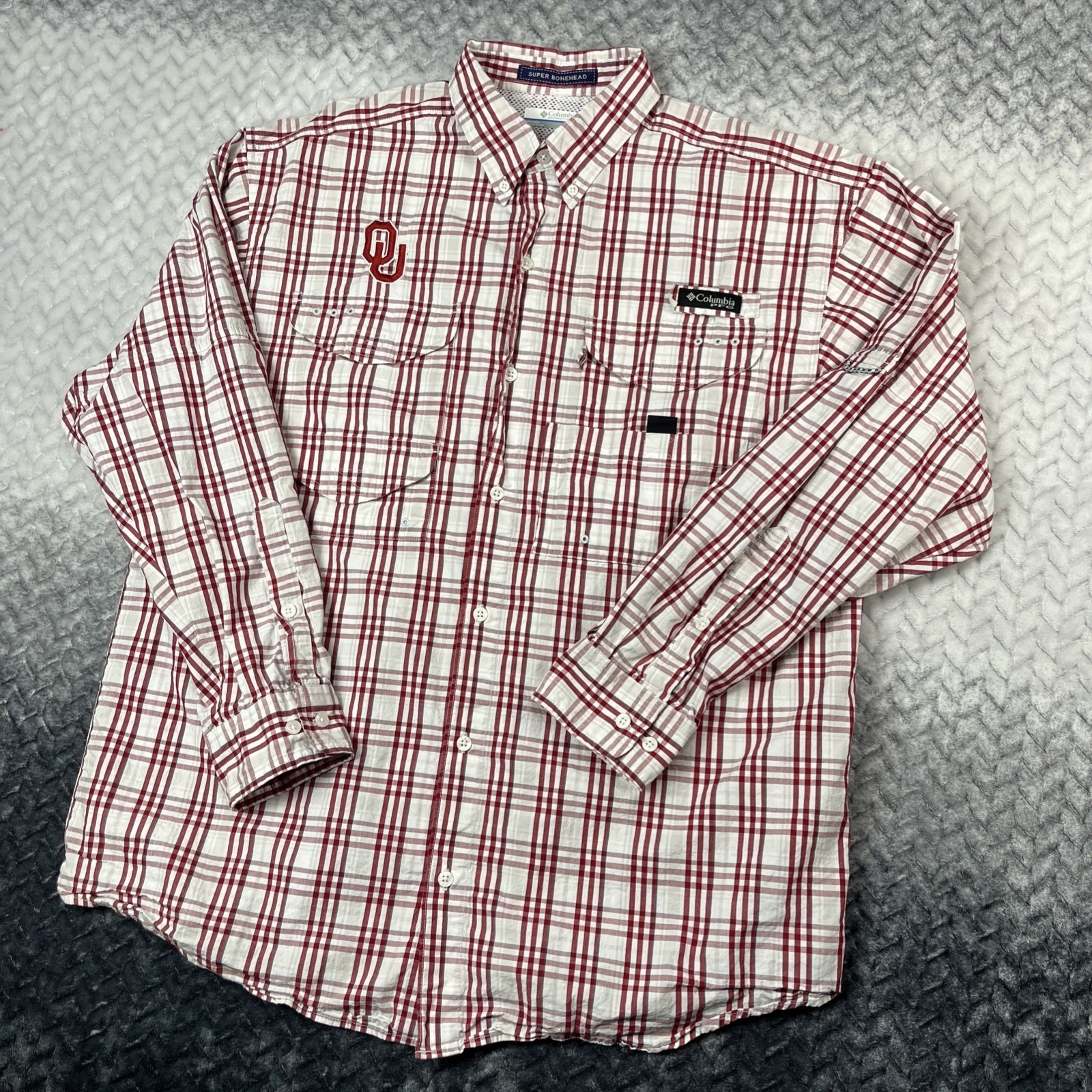 Columbia Pfg Super Bonehead Shirt Mens M White Plaid Vented Fishing Oklahoma Ou